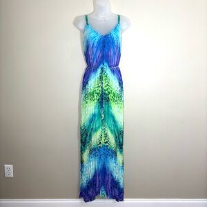 Cato Multicolor Maxi Dress Spaghetti Strap Pleated Belt Zigzag Hemline V-neck